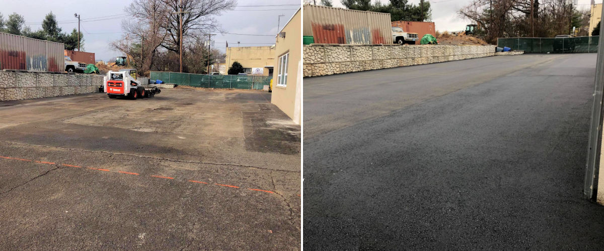 Asphalt Parking Lot Installation Graded to a Compound .75% Slope. Our Paving Equipment has State of the Art Sonic Laser Automated Grade Control (Mountainside, NJ)